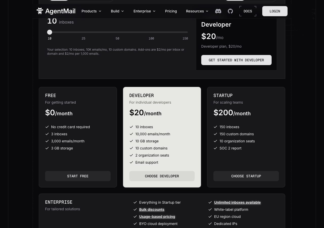 AgentMail pricing page on 6 October 2026 showing the inbox calculator at 10 inboxes, the Free plan at $0 for 3 inboxes, Developer at $20 a month for 10 inboxes, Startup at $200 a month for 150 inboxes, and a custom Enterprise tier