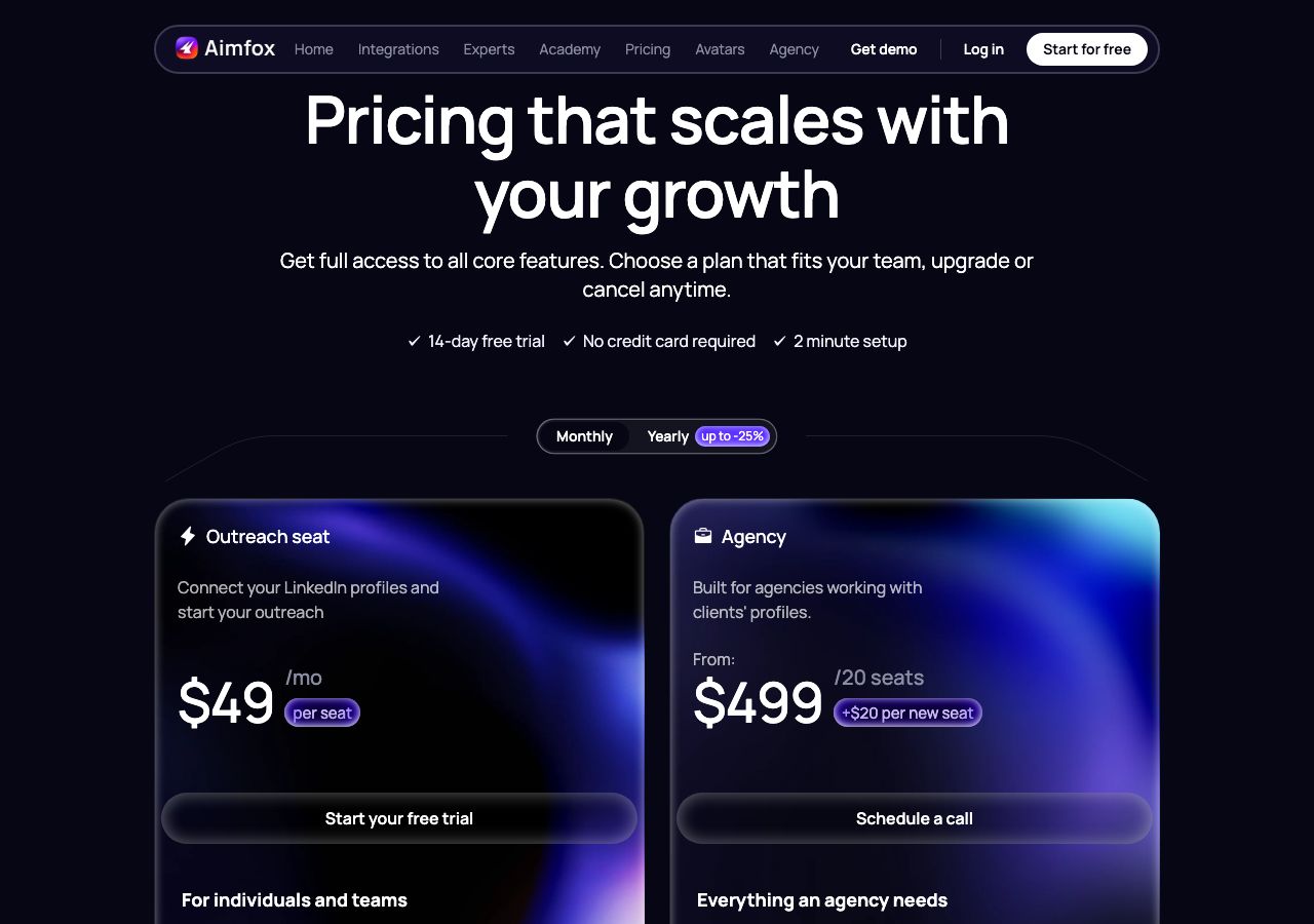 Aimfox pricing page on 13 October 2026 on monthly billing, showing an Outreach seat at $49 a month per seat with a free trial button and an Agency plan from $499 for 20 seats plus $20 per new seat, with a 14-day free trial, no credit card required and a yearly toggle offering up to 25% off