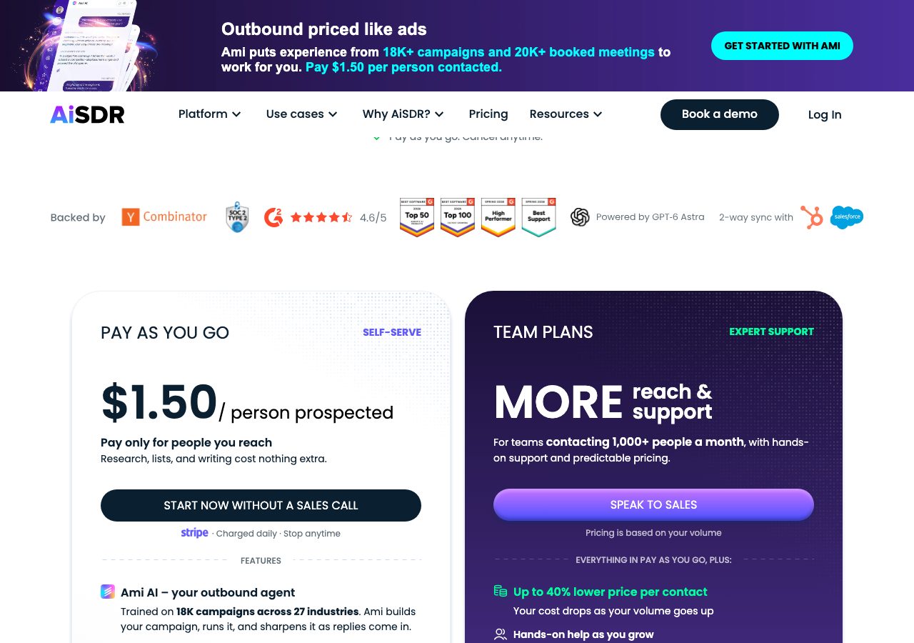 AiSDR pricing page on 22 October 2026 with a top banner reading Outbound priced like ads, pay $1.50 per person contacted, a Pay as you go card at $1.50 per person prospected marked self-serve with a Start now without a sales call button, and a Team plans card for teams contacting 1,000-plus people a month with a Speak to sales button and up to 40% lower price per contact