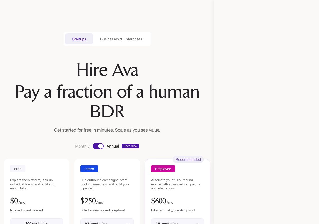 Artisan pricing page on 22 October 2026 on the Startups tab, headed Hire Ava, Pay a fraction of a human BDR, with a Monthly and Annual toggle marked Save 10% and three cards: Free at $0 a month with no credit card needed and 300 credits a month, Intern at $250 a month billed annually with 10K credits, and Employee at $600 a month billed annually with 25K credits, marked Recommended