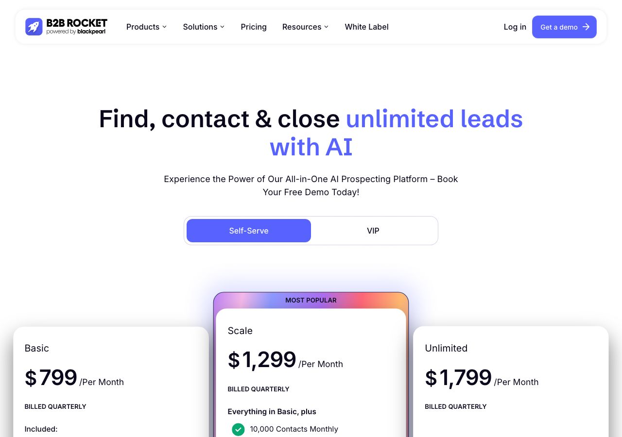 B2B Rocket pricing page on 13 October 2026 on the Self-Serve tab, showing Basic at $799 a month billed quarterly, Scale at $1,299 a month billed quarterly with 10,000 contacts monthly marked most popular, and Unlimited at $1,799 a month billed quarterly, with a VIP tab beside it