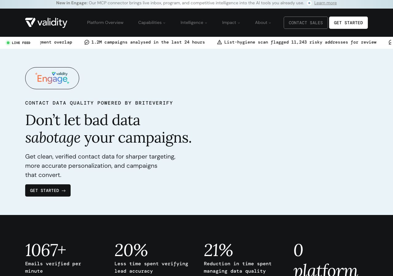 Validity's Contact Data Quality powered by BriteVerify page on 13 October 2026, headed Don't let bad data sabotage your campaigns, with an MCP banner, a live-feed ticker, an Engage badge, a Get Started button and the start of a statistics band, and no prices anywhere on the page
