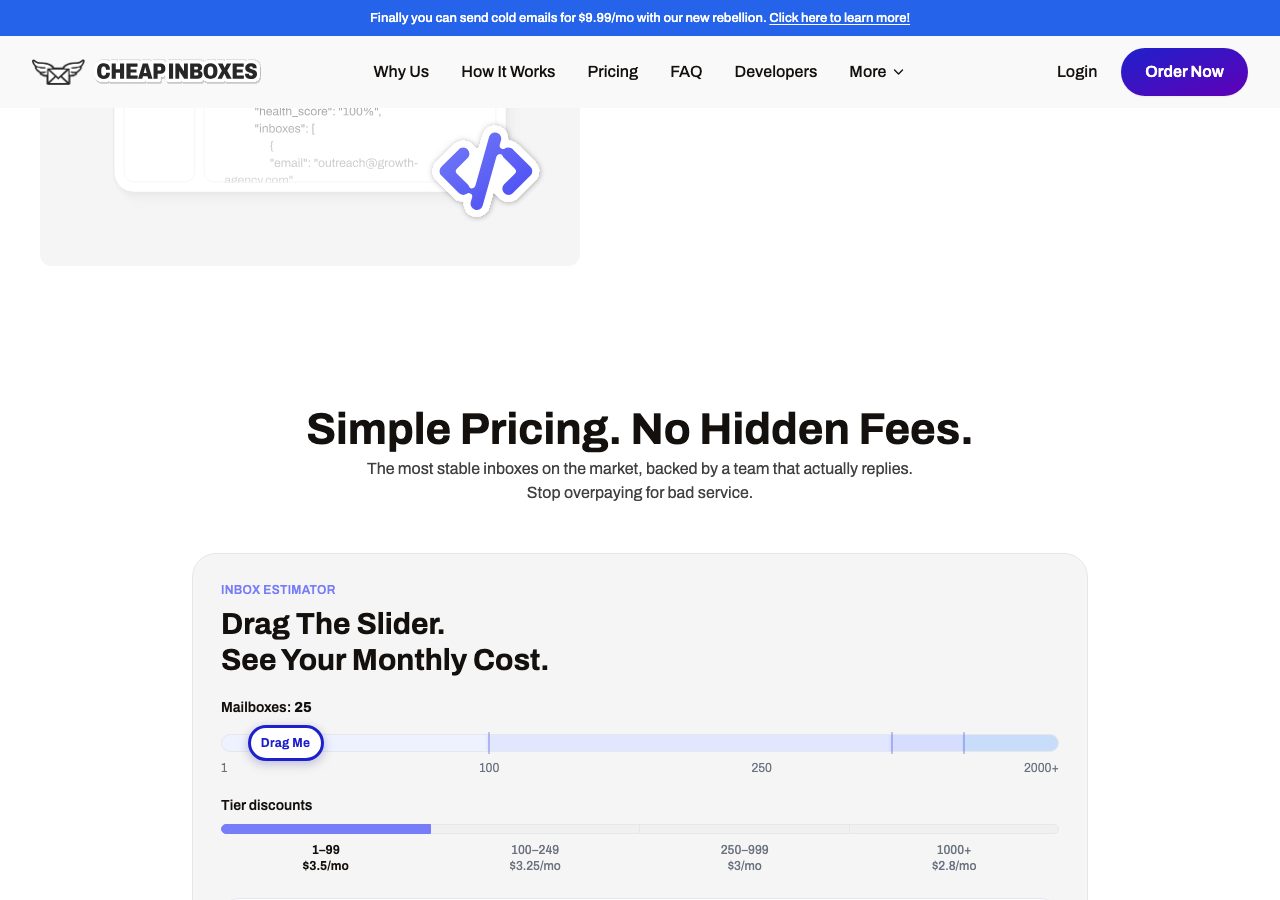 Cheap Inboxes pricing estimator on 6 October 2026 showing tiers of $3.50 a mailbox a month for 1 to 99, $3.25 for 100 to 249, $3 for 250 to 999 and $2.80 for 1,000 or more, with domains from $2.50 a year