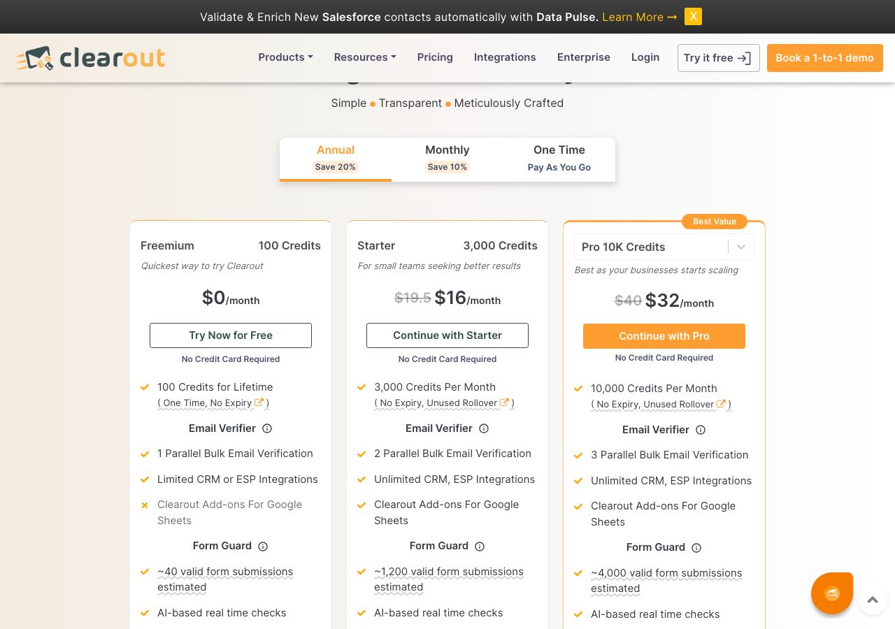 Clearout pricing page on 13 October 2026 on the annual toggle, showing Freemium with 100 credits at $0, Starter with 3,000 credits a month at $16 against $19.5 struck through, and Pro 10K Credits at $32 against $40, each with no credit card required