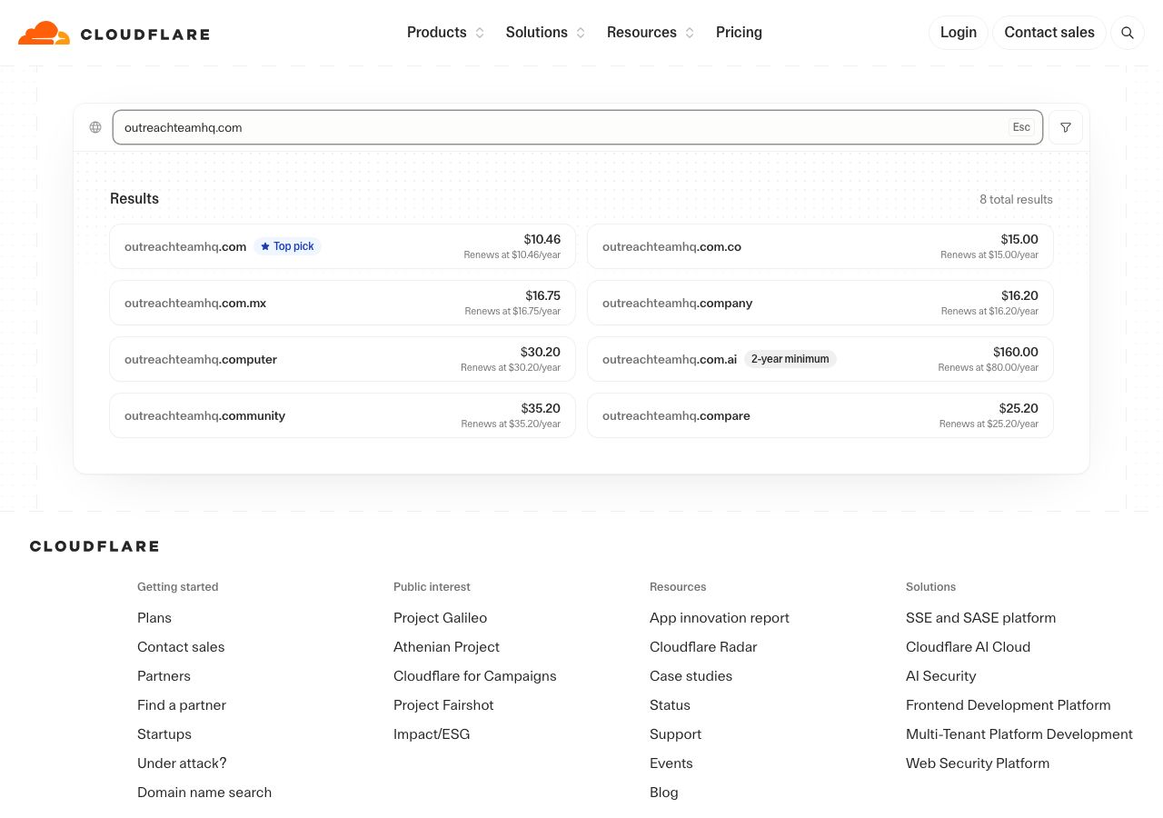 Cloudflare Registrar search on 8 October 2026 for an example name, showing the .com at $10.46 a year and renewing at $10.46, the .company at $16.20 and the .com.co at $15.00
