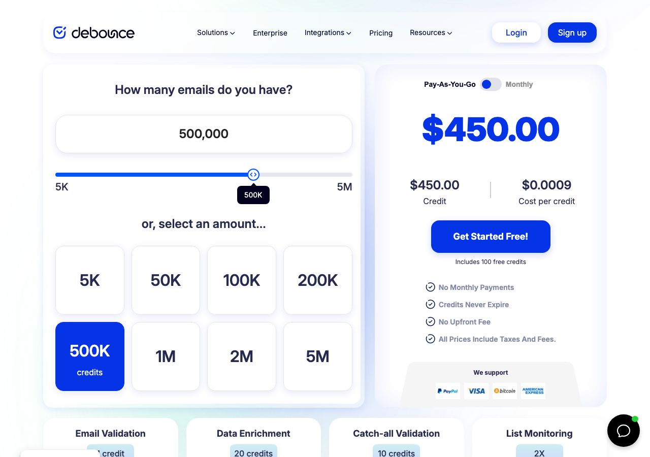 DeBounce pricing calculator on 12 October 2026 set to 500,000 credits at $450, or $0.0009 a credit on pay-as-you-go, with a monthly toggle, 100 free credits and credits that never expire