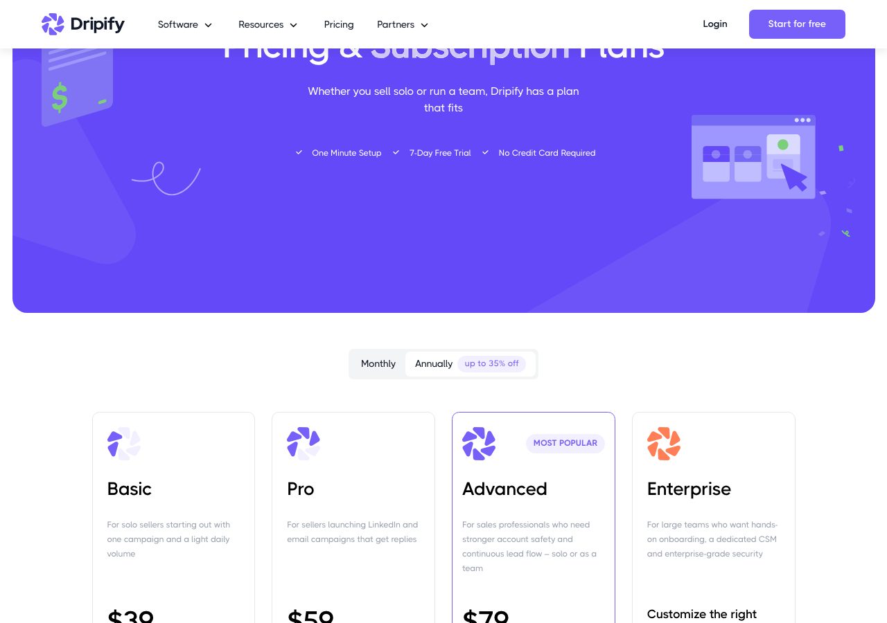 Dripify pricing page on 6 October 2026 with annual billing selected, showing Basic at $39, Pro at $59 and Advanced at $79 per user a month plus a custom Enterprise plan, with a 7-day free trial and no card required