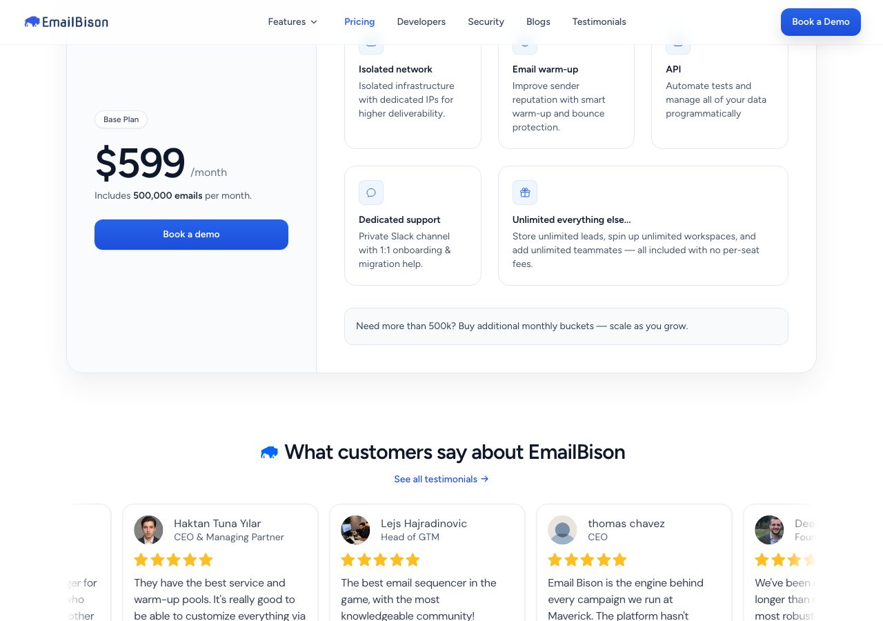 EmailBison pricing page on 22 October 2026 showing a single Base Plan at $599 a month including 500,000 emails per month with a Book a demo button, beside cards for isolated network, email warm-up, API, dedicated support and unlimited everything else, and a note that more than 500k needs additional monthly buckets