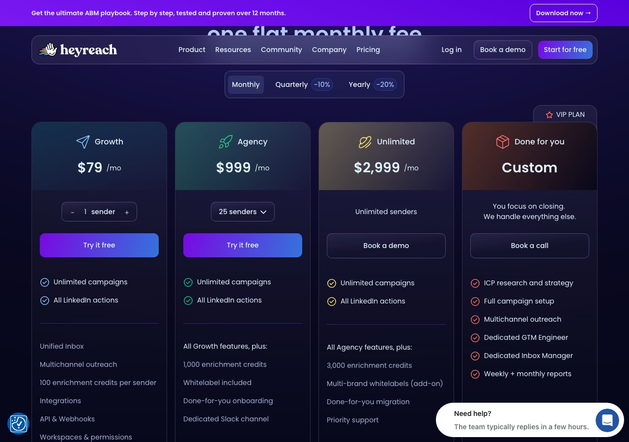 HeyReach pricing page on 5 October 2026 showing Growth at $79 a sender a month, Agency at $999 a month for 25 senders, Unlimited at $2,999 a month and a custom done-for-you plan