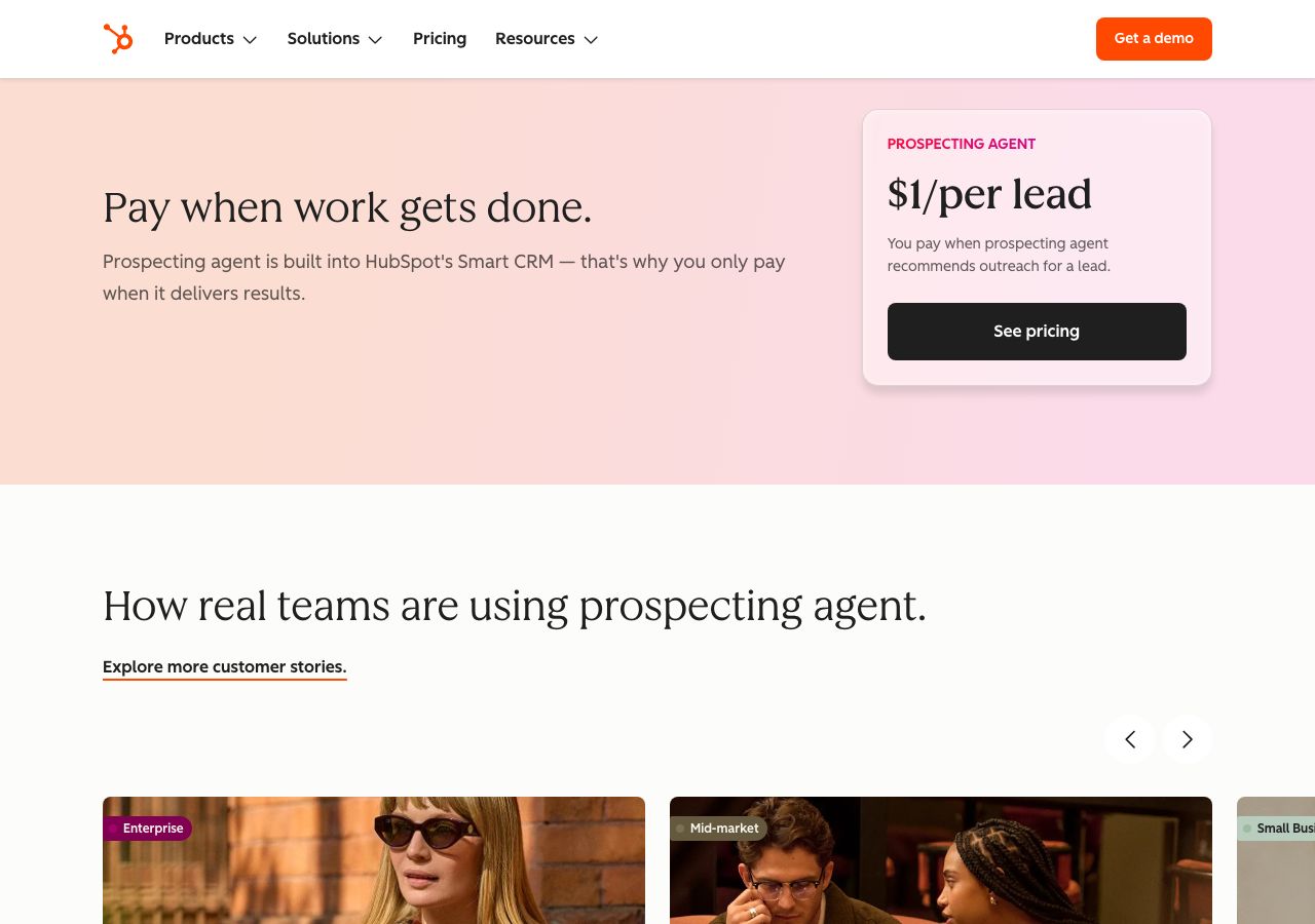 HubSpot prospecting agent page on 12 October 2026 showing the pricing section: pay when work gets done, $1 per lead, charged when the agent recommends outreach for a lead