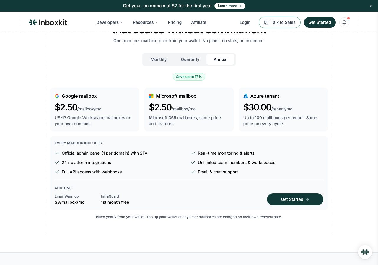 InboxKit pricing page on 6 October 2026 with annual billing selected, showing Google and Microsoft mailboxes at $2.50 a month each, Azure tenants at $30 a month, and warmup as a $3 add-on