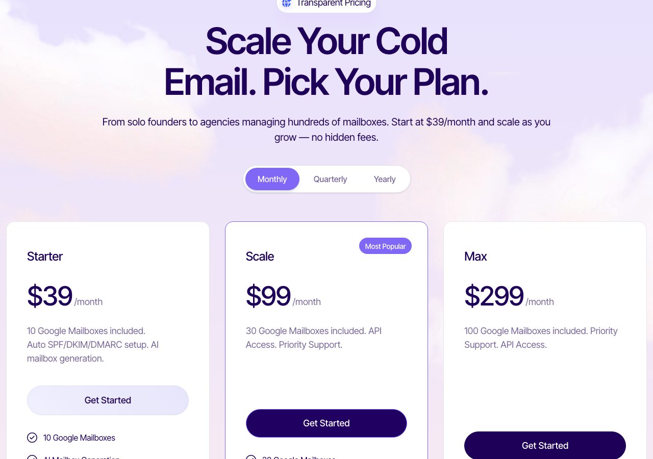 InboxOne pricing page on 6 October 2026 on monthly billing, showing Starter at $39 a month for 10 Google mailboxes, Scale at $99 for 30 with API access, and Max at $299 for 100
