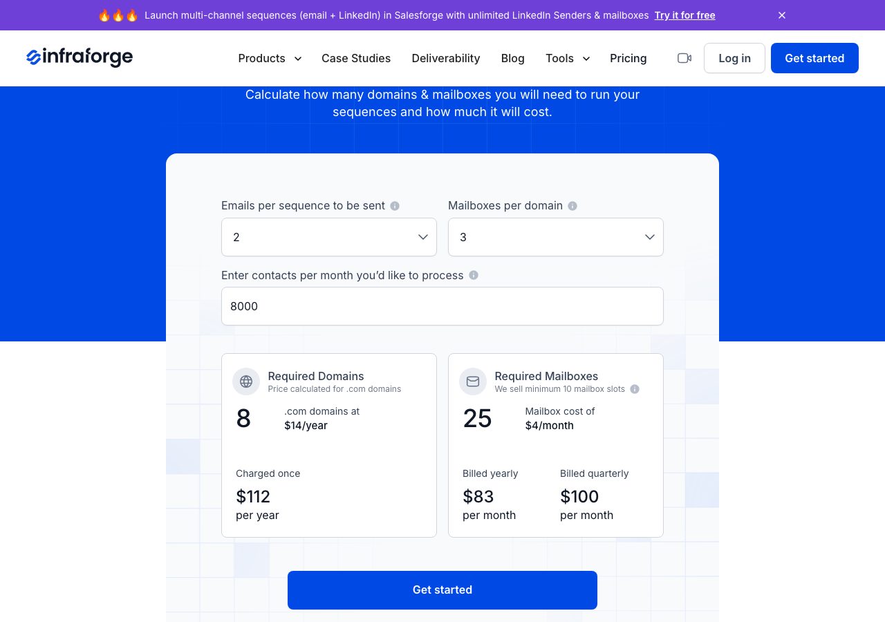 Infraforge pricing calculator on 5 October 2026 showing 8 .com domains at $14 a year and 25 mailbox slots at $4 a month, $83 a month billed yearly or $100 billed quarterly