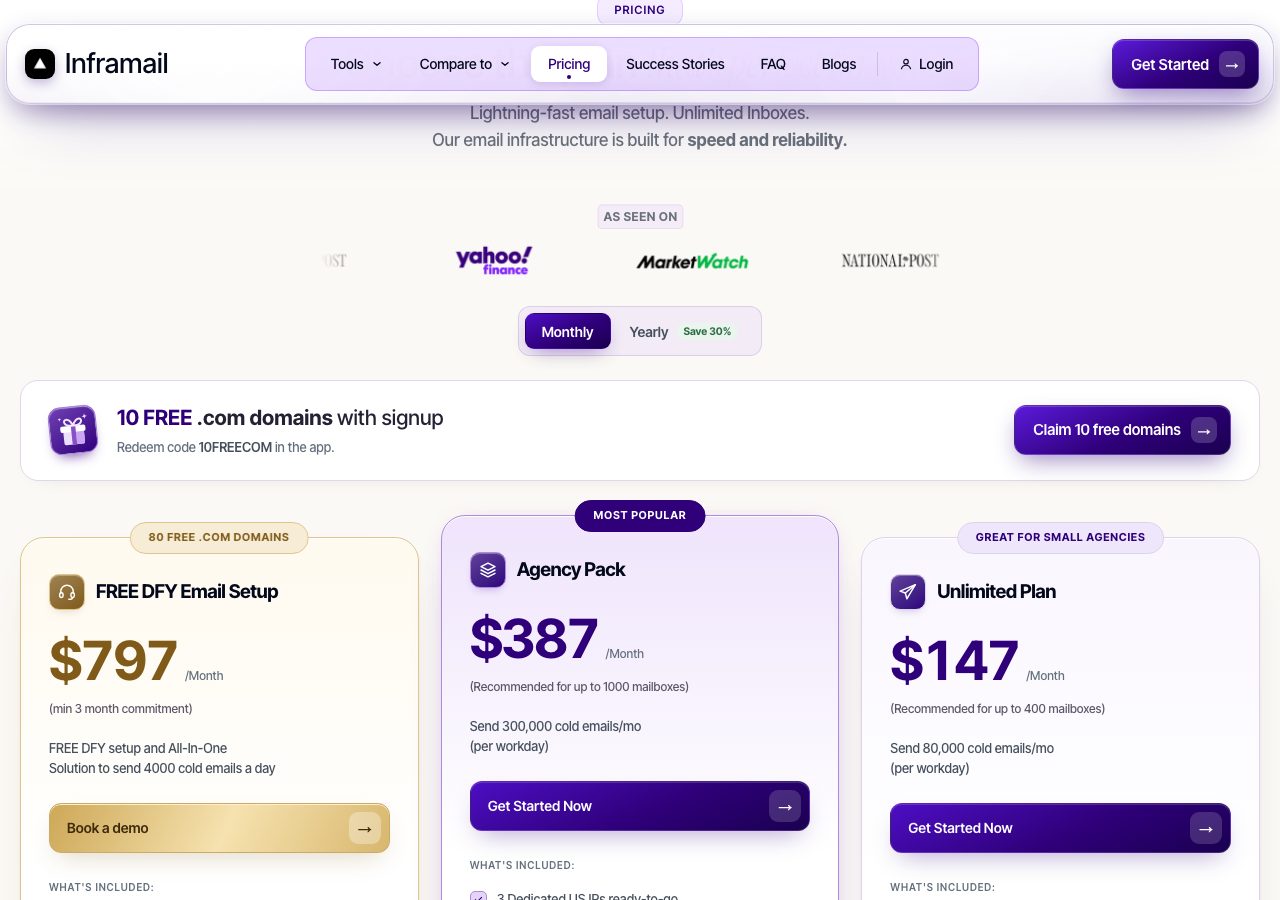 Inframail pricing section on 5 October 2026 showing the Unlimited plan at $147 a month for unlimited inboxes, the Agency Pack at $387 and the done-for-you plan at $797