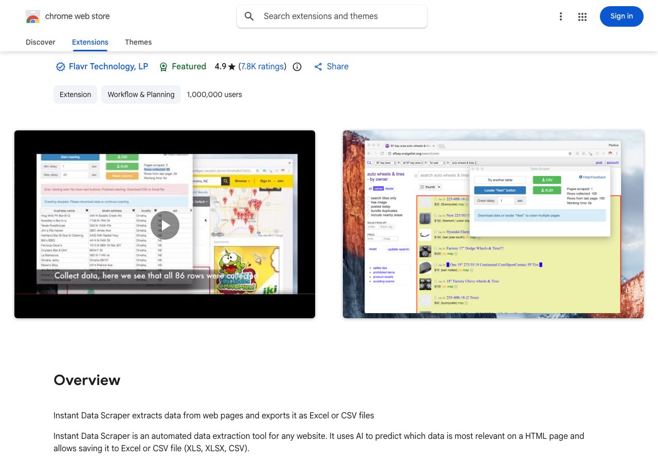 Instant Data Scraper listing on the Chrome Web Store on 5 October 2026 showing the publisher Flavr Technology, a Featured badge, a 4.9 rating from 7,800 ratings and 1,000,000 users