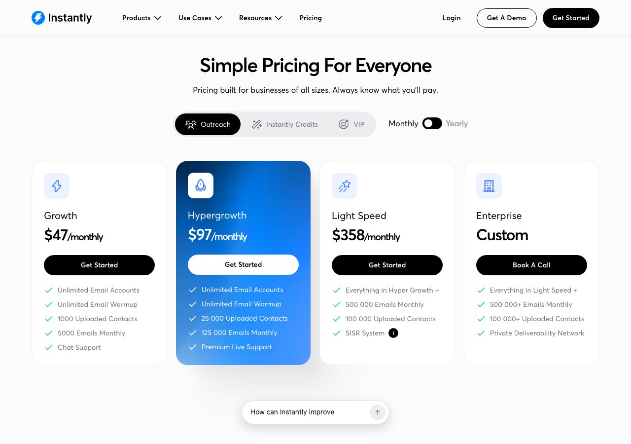 Instantly pricing page on 8 October 2026 on monthly billing, showing Growth at $47 a month, Hypergrowth at $97 and Light Speed at $358, each with unlimited email accounts and warmup, and a custom Enterprise plan