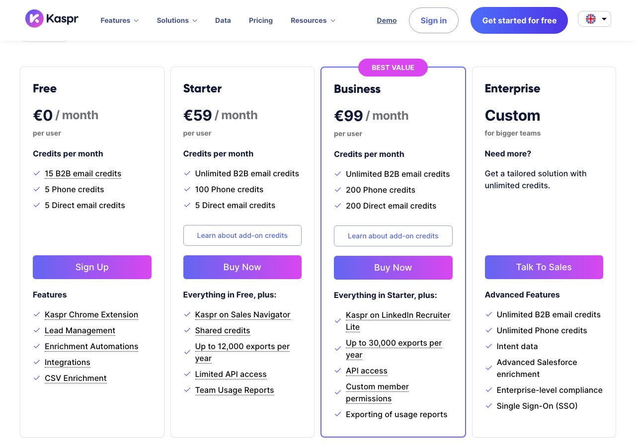 Kaspr pricing page on 22 October 2026 showing four cards: Free at €0 a month per user with 15 B2B email, 5 phone and 5 direct email credits, Starter at €59 with unlimited B2B emails and 100 phone credits, Business at €99 marked best value with 200 phone and 200 direct email credits, and Enterprise custom with unlimited credits, intent data and SSO
