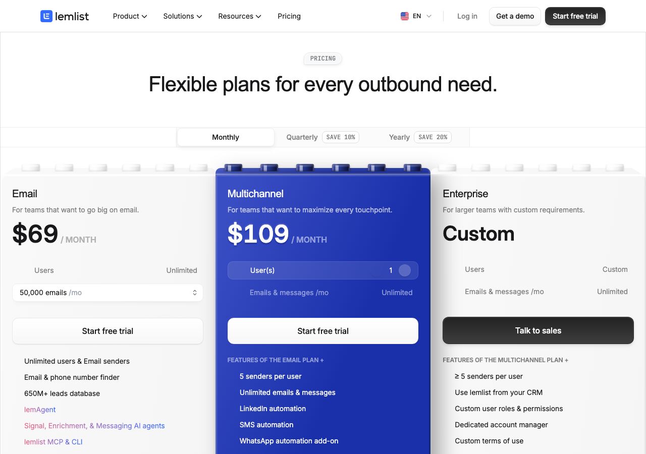 lemlist pricing page on 6 October 2026 on monthly billing, showing the Email plan at $69 a month with unlimited users and a 50,000 emails a month selector, Multichannel at $109 a month per user, and a custom Enterprise plan