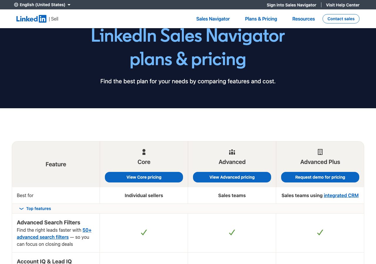 LinkedIn Sales Navigator plans and pricing page on 13 October 2026 showing a comparison table with Core, Advanced and Advanced Plus columns, View Core pricing and View Advanced pricing buttons, Request demo for pricing on Advanced Plus, and a best-for row of individual sellers, sales teams and sales teams using integrated CRM