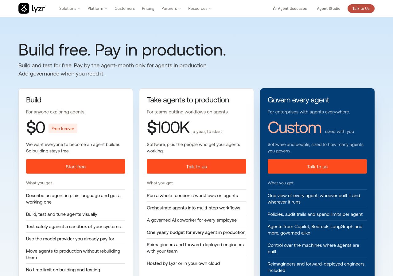 Lyzr pricing page on 13 October 2026 headed Build free, Pay in production, showing Build at $0 free forever, Take agents to production at $100K a year to start, and Govern every agent at custom pricing, each with a list of what you get