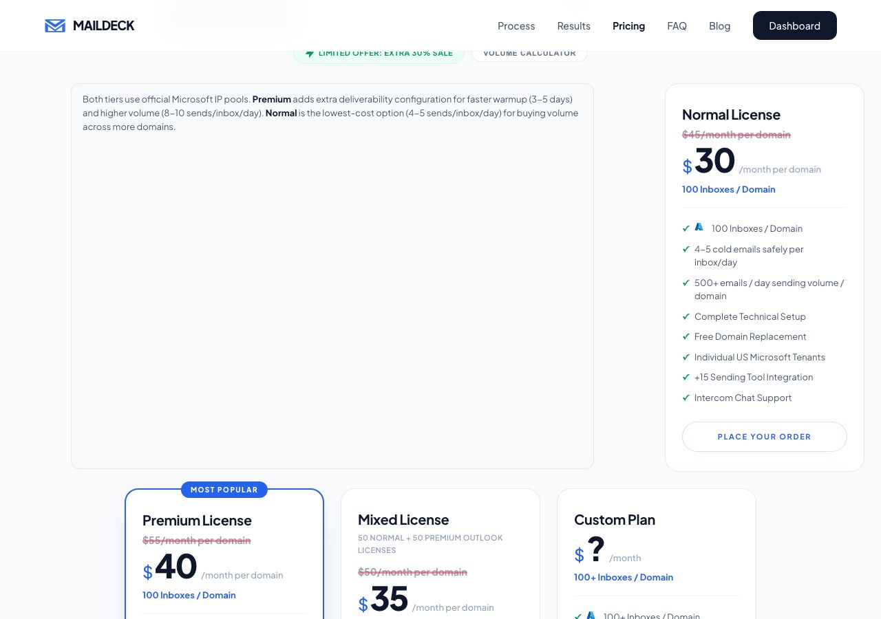 MailDeck pricing page on 6 October 2026 on the Microsoft Outlook tab, showing Normal, Premium and Mixed tenant licences at sale prices of $30, $40 and $35 a month per domain beside list prices of $45, $55 and $50, each with 100 inboxes per domain