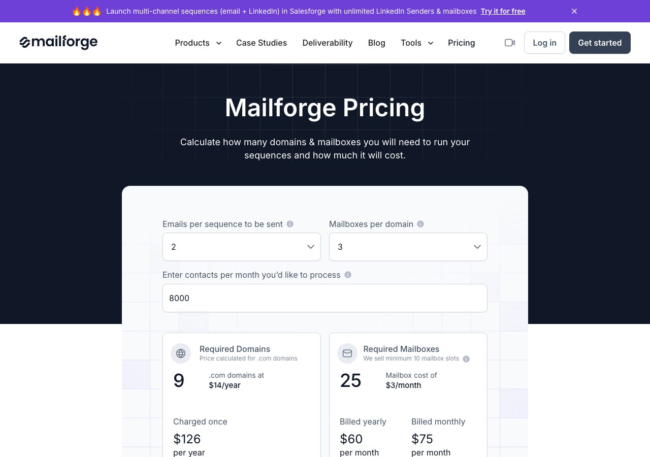 Mailforge pricing calculator on 6 October 2026 showing 9 .com domains at $14 a year and 25 mailbox slots at $3 a month, $60 a month billed yearly or $75 billed monthly