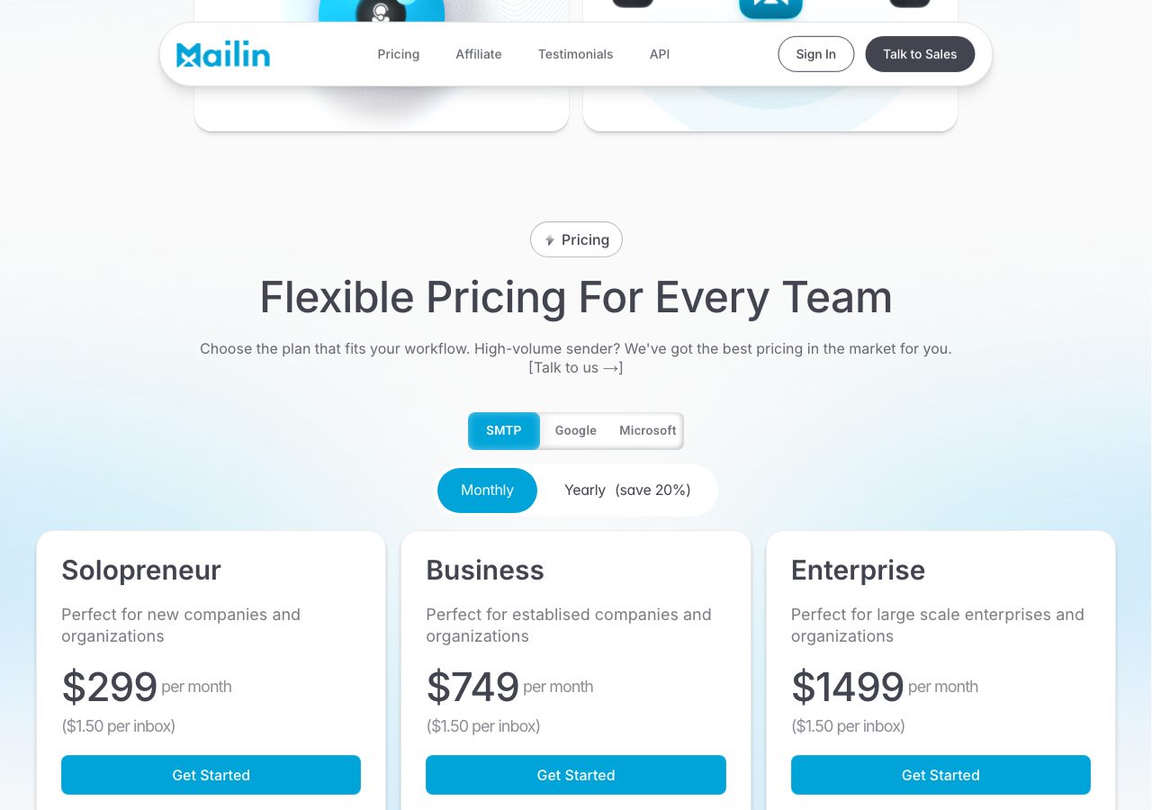Mailin pricing section on 6 October 2026 with the SMTP tab and monthly billing selected, showing Solopreneur at $299 a month, Business at $749 and Enterprise at $1,499, each at $1.50 an inbox