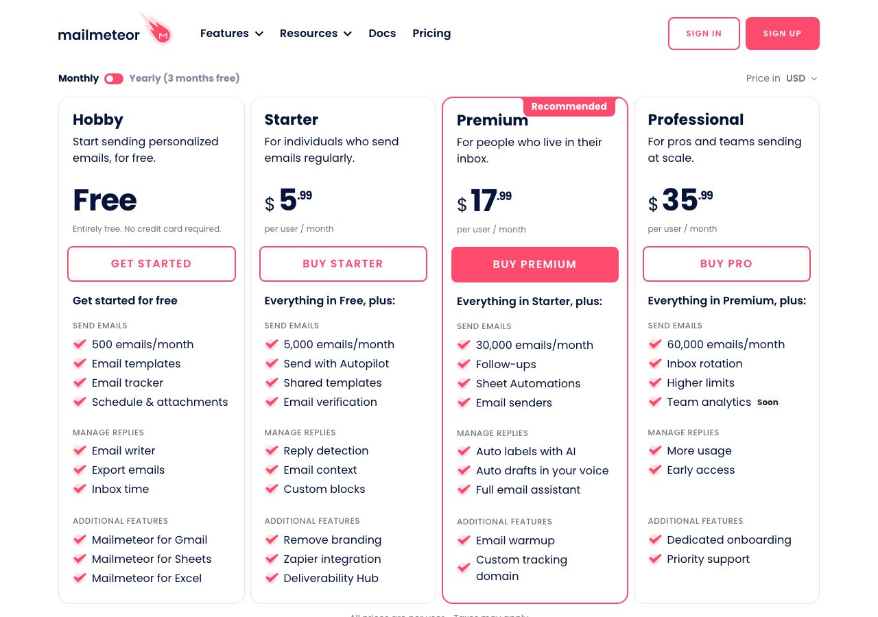 Mailmeteor pricing page on 6 October 2026 with the monthly toggle, showing Hobby free, Starter at $5.99, Premium at $17.99 and Professional at $35.99 per user per month