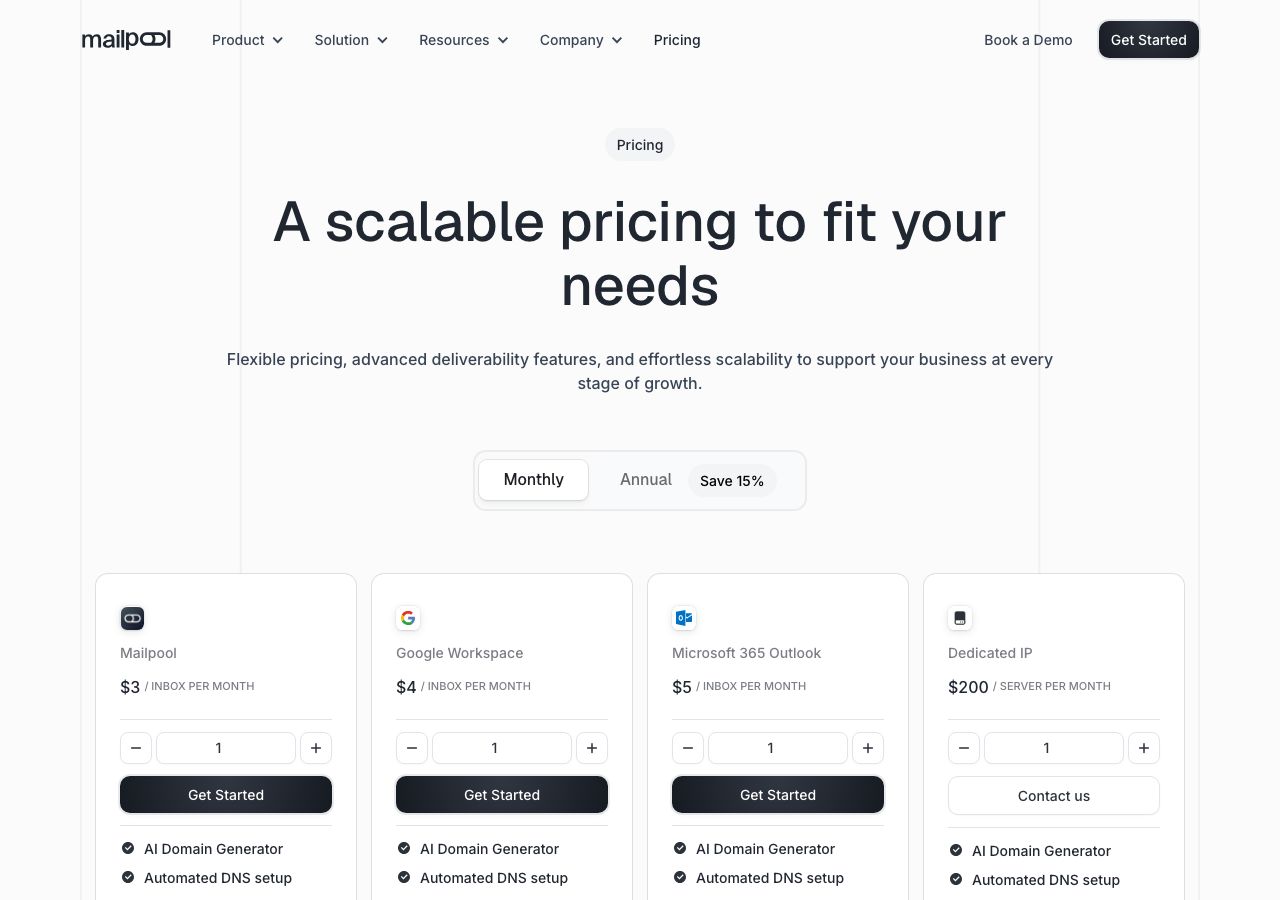 Mailpool pricing page on 6 October 2026 with the monthly tab selected, showing Mailpool inboxes at $3, Google Workspace at $4 and Microsoft 365 Outlook at $5 per inbox per month, and a dedicated IP server at $200 a month