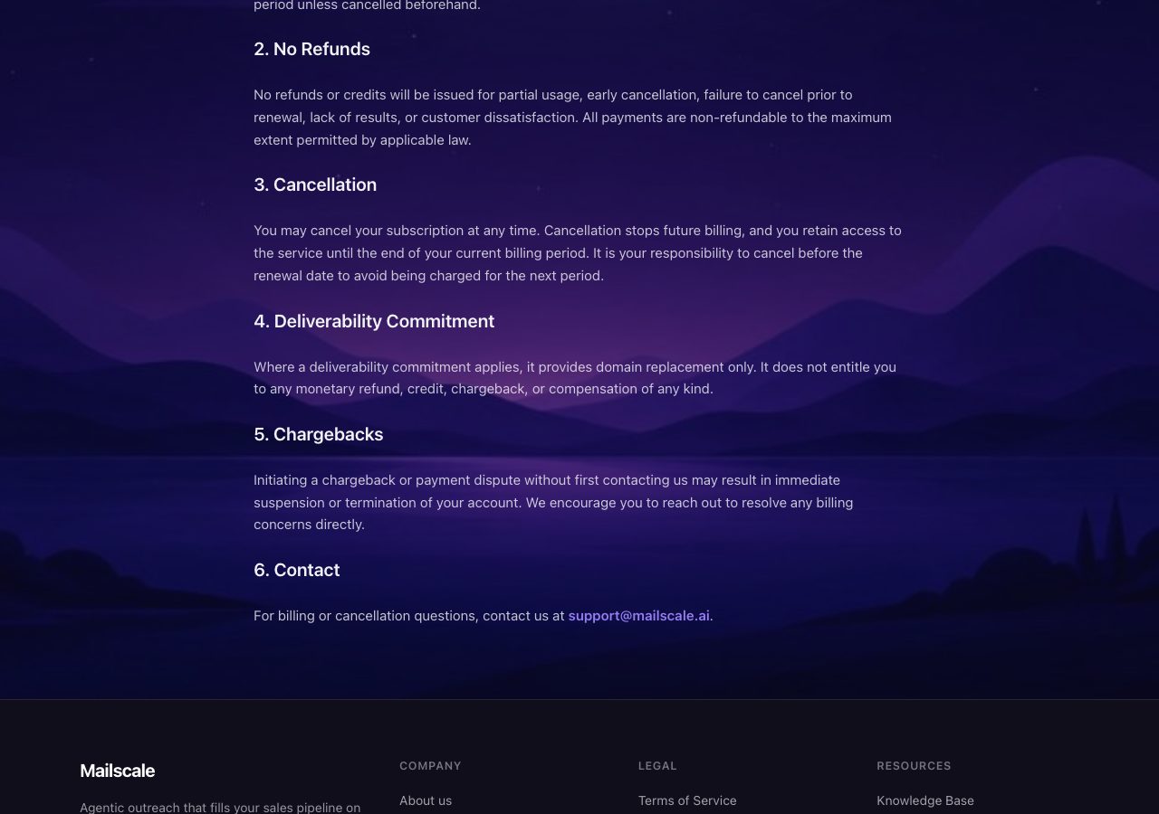 Mailscale refund policy page on 29 September 2026 stating that no refunds or credits are issued for partial usage, early cancellation, lack of results or dissatisfaction, and that the deliverability commitment provides domain replacement only