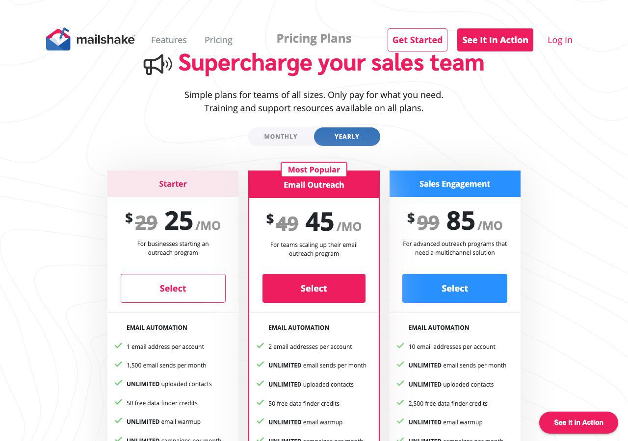 Mailshake pricing page on 13 October 2026 with the yearly toggle selected, showing Starter at $25 a month with $29 struck through, Email Outreach at $45 with $49 struck through and Sales Engagement at $85 with $99 struck through, each listing email addresses per account, monthly sends, uploaded contacts, data finder credits and unlimited warmup