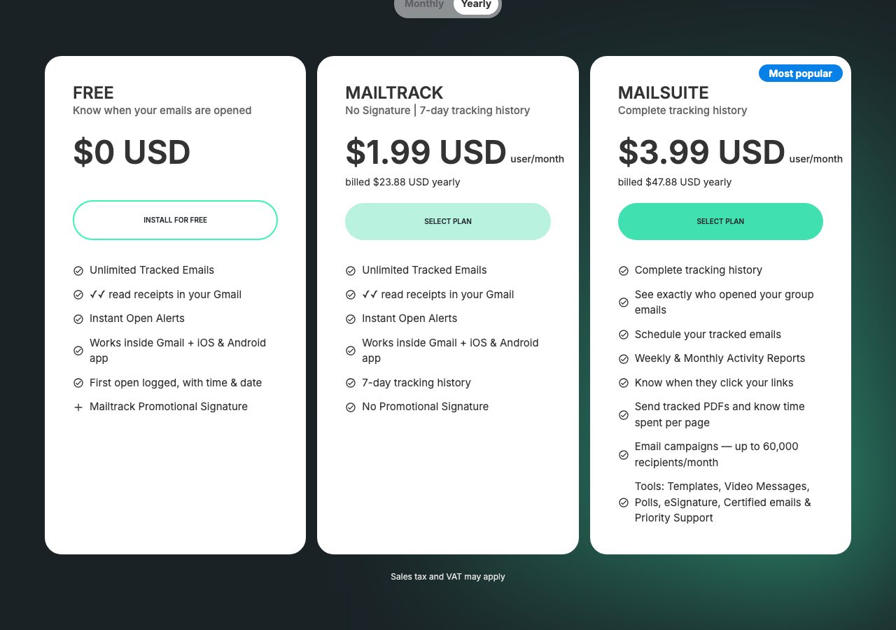 Mailsuite pricing page on 22 October 2026 with the Yearly toggle selected, showing Free at $0 with unlimited tracked emails and a Mailtrack promotional signature, Mailtrack at $1.99 a user a month billed $23.88 yearly with no signature and 7-day history, and Mailsuite at $3.99 billed $47.88 yearly, marked most popular, with complete history, link tracking, tracked PDFs and campaigns up to 60,000 recipients a month