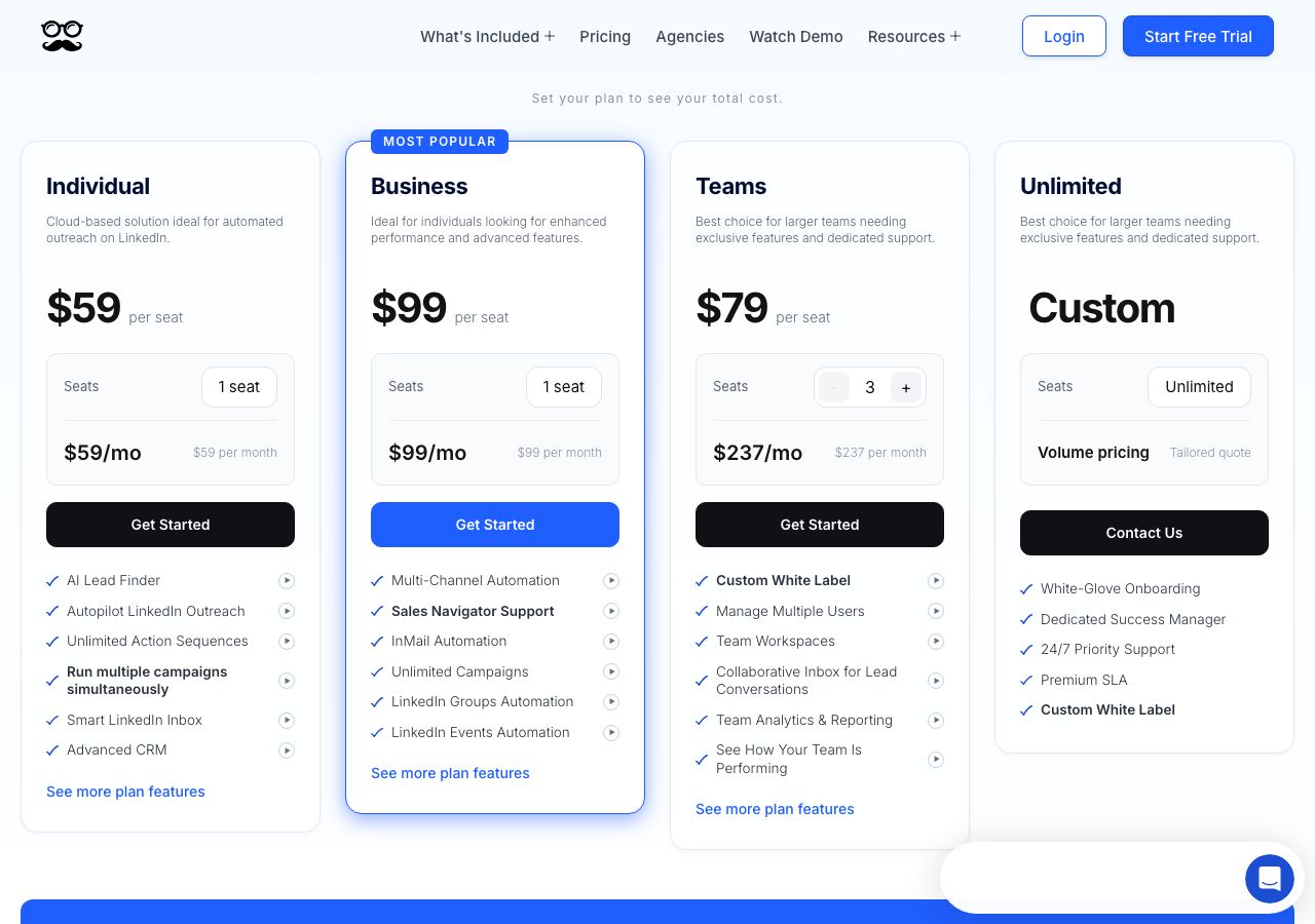 Meet Alfred pricing page on 12 October 2026 on monthly billing, showing Individual at $59 a seat, Business at $99 and Teams at $79 a seat with a three-seat minimum of $237 a month, plus a custom Unlimited plan
