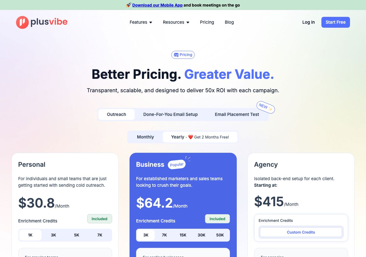 PlusVibe plans page on 13 October 2026 showing the Outreach, Done-For-You Email Setup and Email Placement Test tabs, the billing toggle on Yearly with two months free, and three plan cards: Personal at $30.8 a month, Business at $64.2 and Agency starting at $415, each with an Included badge and a credit selector