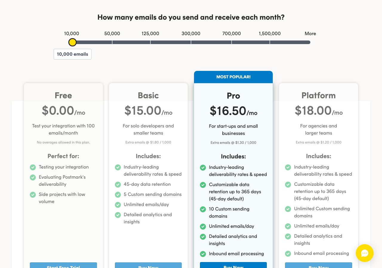 Postmark pricing page on 8 October 2026 at 10,000 emails a month, showing the free plan with 100 emails a month, Basic at $15.00, Pro at $16.50 and Platform at $18.00 a month with their overage rates
