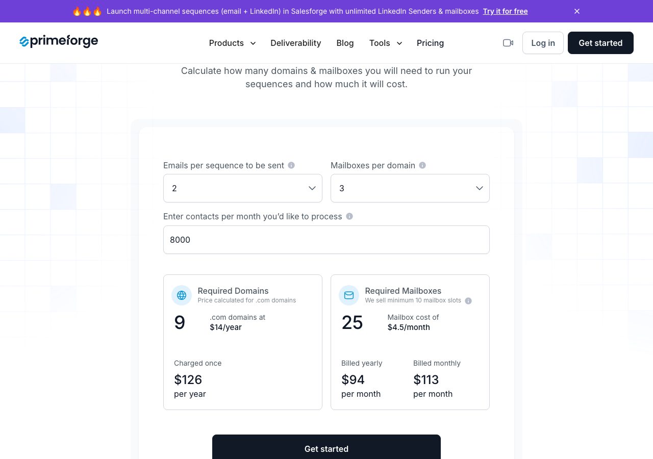 Primeforge pricing calculator on 5 October 2026 showing 9 .com domains at $14 a year and 25 mailbox slots at $4.50 a month, $94 a month billed yearly or $113 billed monthly