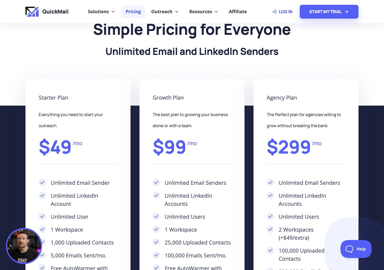 QuickMail pricing page on 13 October 2026 headed Simple Pricing for Everyone, Unlimited Email and LinkedIn Senders, showing Starter at $49 a month with 1,000 uploaded contacts and 5,000 emails sent a month, Growth at $99 with 25,000 contacts and 100,000 emails, and Agency at $299 with 2 workspaces and 100,000 contacts