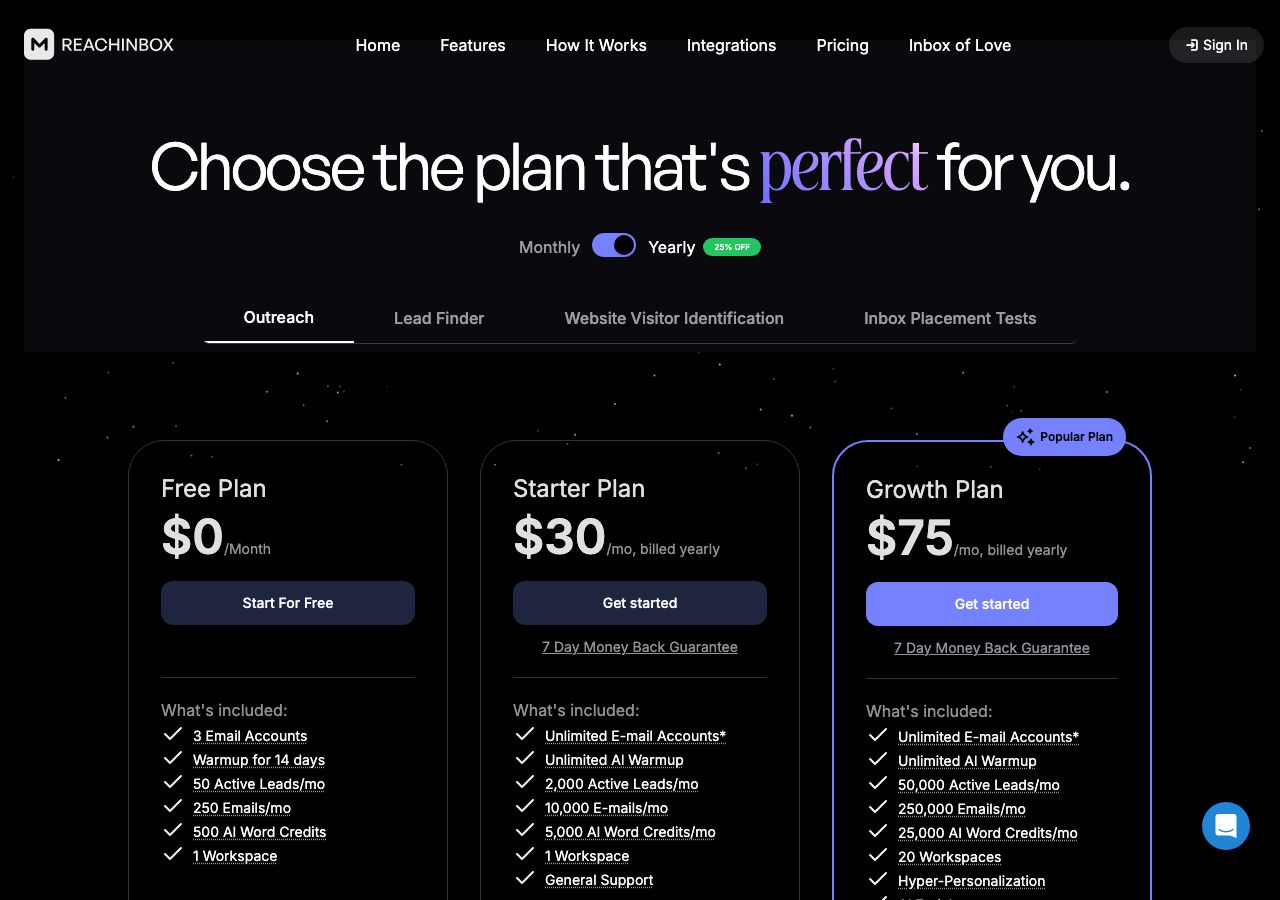 ReachInbox pricing page on 13 October 2026 with the yearly toggle on at 25% off, showing a free plan with 3 email accounts and 250 emails a month, Starter at $30 a month billed yearly with unlimited email accounts and warmup, 2,000 active leads and 10,000 emails, and Growth at $75 with 50,000 leads and 250,000 emails