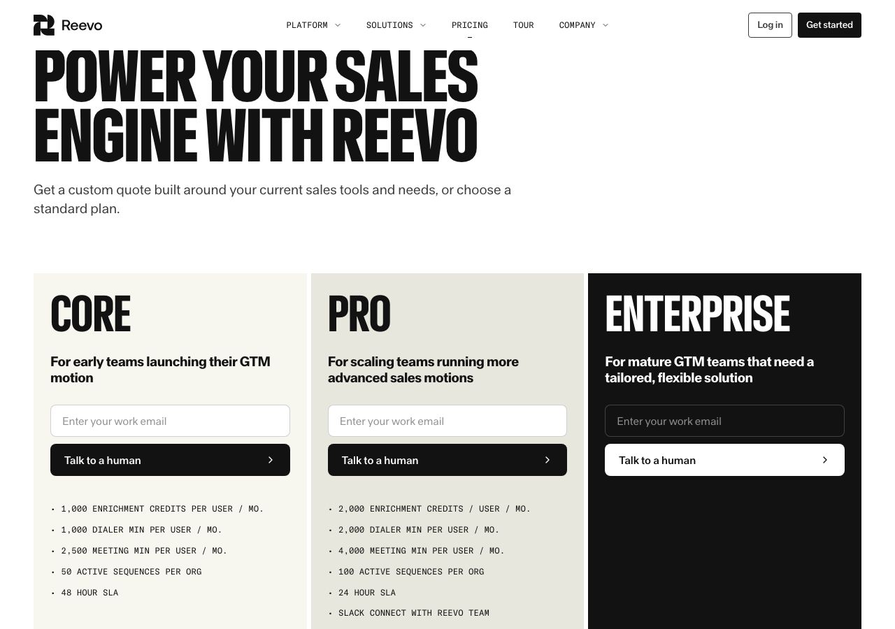 Reevo pricing page on 13 October 2026 headed Power your sales engine with Reevo, showing Core, Pro and Enterprise plans with talk-to-a-human buttons instead of prices, listing enrichment credits, dialer minutes, meeting minutes, active sequences and support SLAs per plan