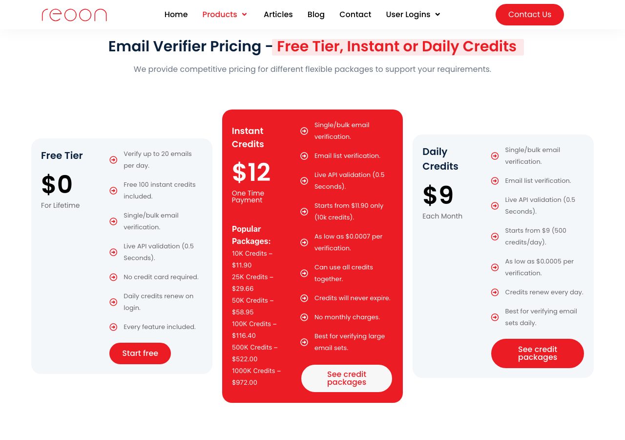 Reoon Email Verifier page on 22 October 2026 at its pricing section, showing a Free Tier at $0 for lifetime with 20 emails a day and 100 instant credits, Instant Credits from $12 one-time with packages from 10K credits at $11.90 to 1000K at $972, and Daily Credits from $9 each month for 500 credits a day