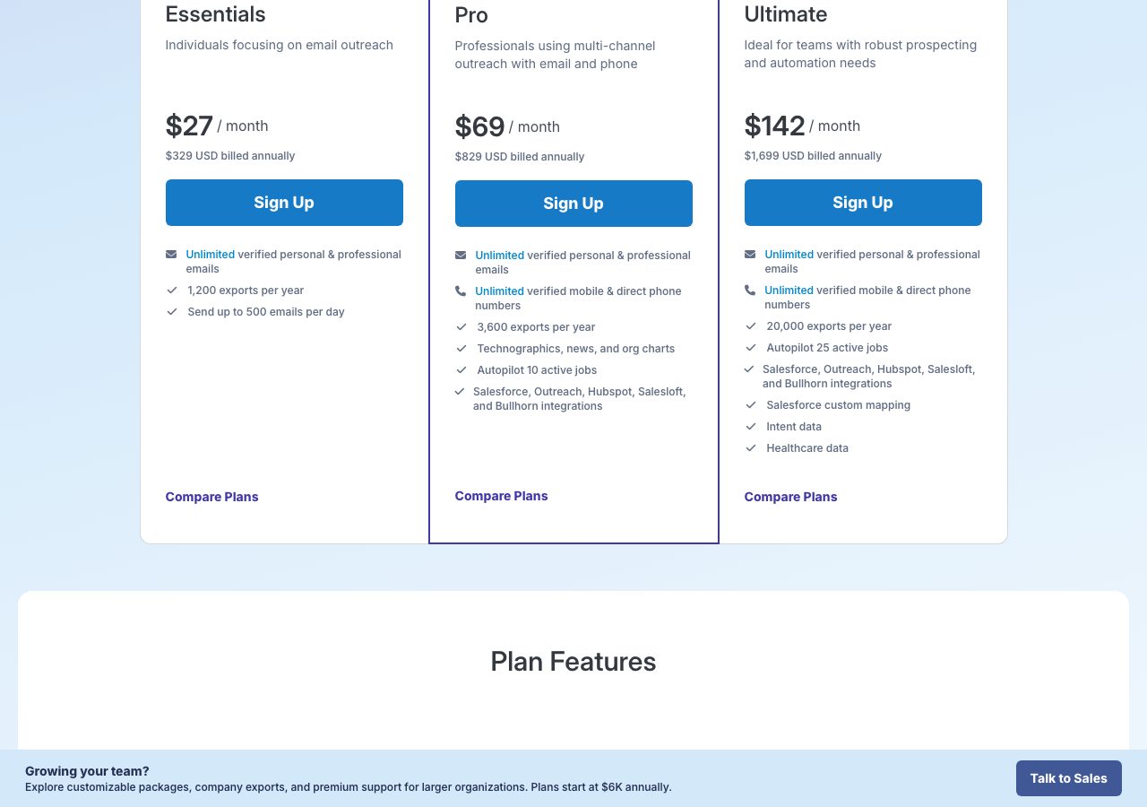 RocketReach pricing page on 30 September 2026 showing Essentials at $27 a month ($329 billed annually), Pro at $69 ($829) and Ultimate at $142 ($1,699), with lookup and export allowances per plan