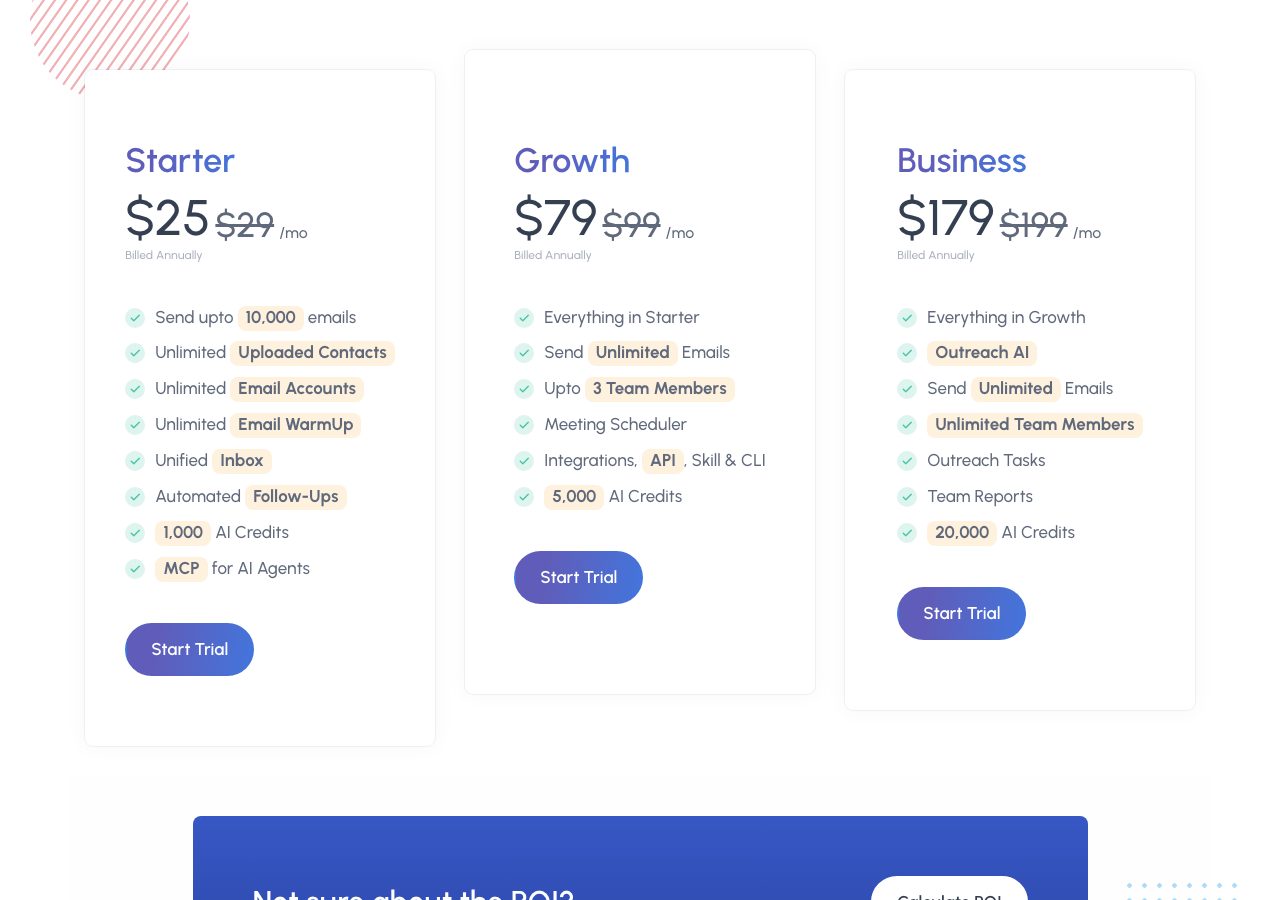 SalesBlink pricing page on 22 October 2026 on the yearly toggle showing Starter at $25 a month with $29 struck through, Growth at $79 with $99 struck through and Business at $179 with $199 struck through, each billed annually, with unlimited email accounts and unlimited warm-up listed on Starter