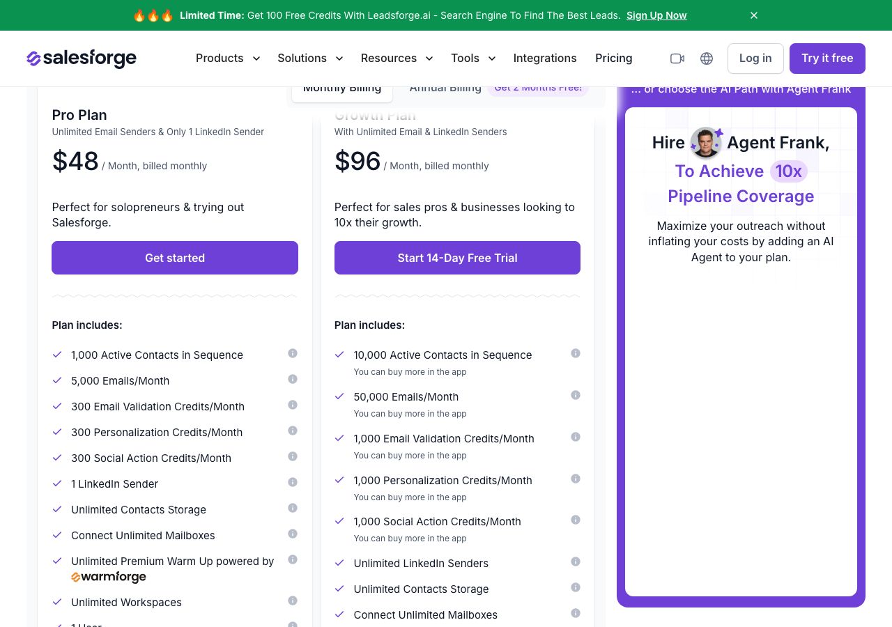 Salesforge pricing page on 9 October 2026 on monthly billing, showing the Pro plan at $48 a month with unlimited email senders and one LinkedIn sender, the Growth plan at $96 with unlimited email and LinkedIn senders, and the Agent Frank AI SDR offer