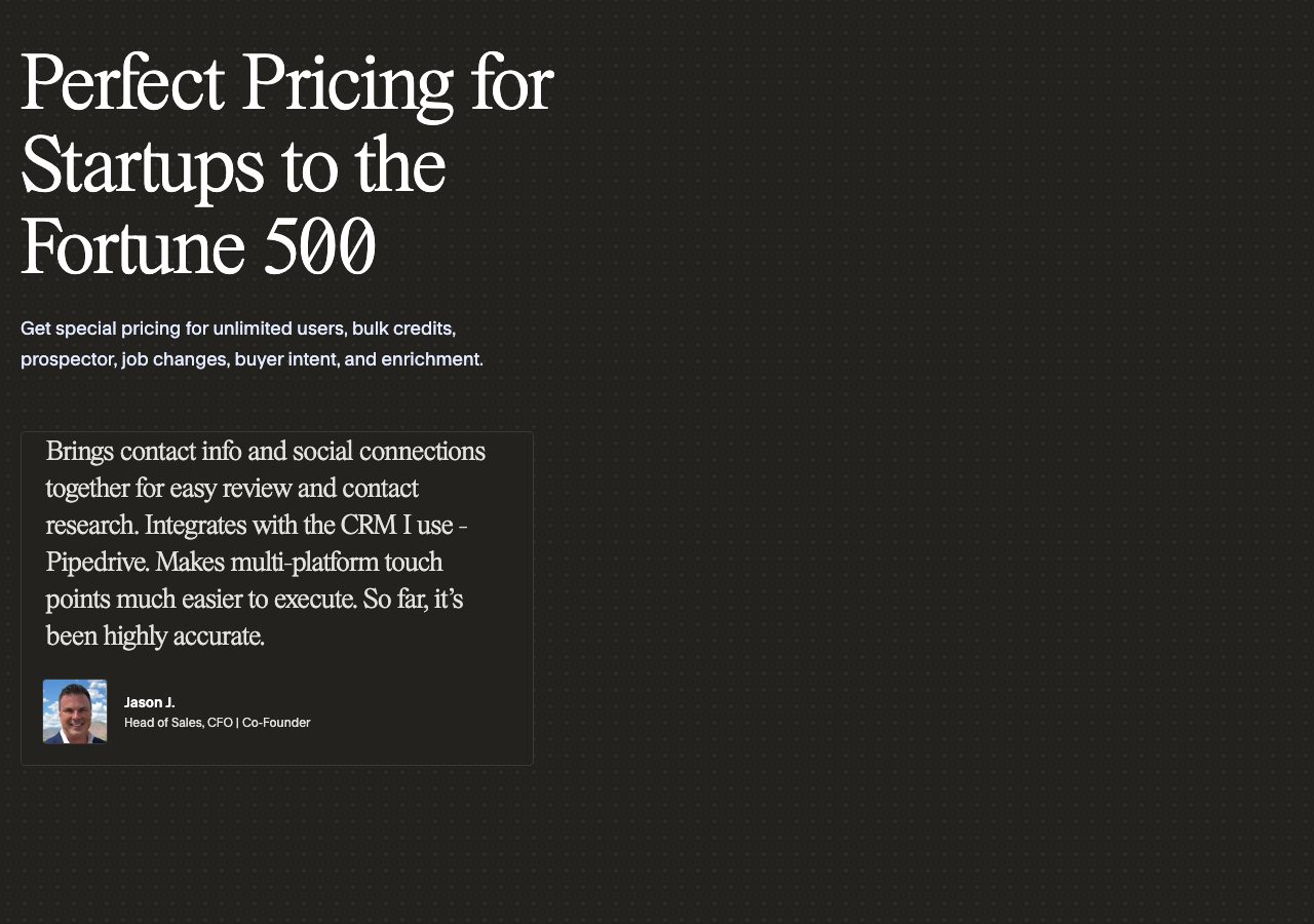 Seamless.AI pricing page on 1 October 2026: a headline reading Perfect Pricing for Startups to the Fortune 500 and a request form instead of published plans