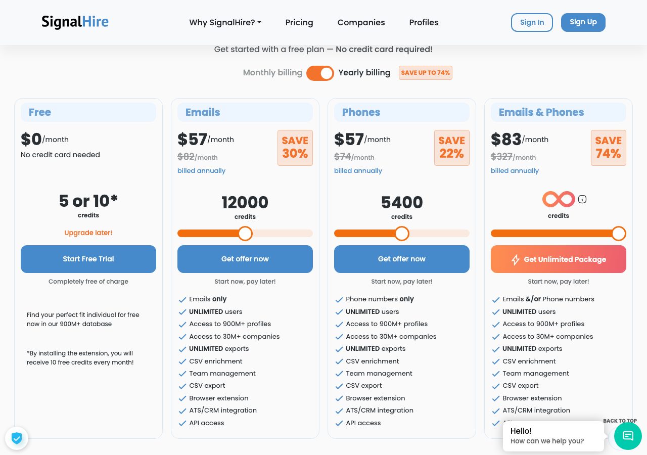 SignalHire pricing page on 5 October 2026 showing a free plan with 5 credits, Emails and Phones plans at $57 a month billed yearly, Emails and Phones together at $83, and a quote-based Scale plan