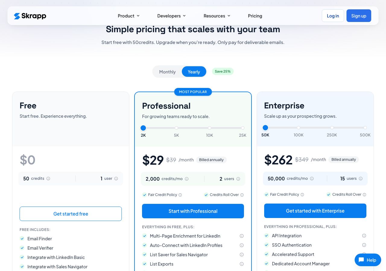 Skrapp pricing page on 13 October 2026 on yearly billing showing Free with 50 credits for one user, Professional at $29 a month ($39 monthly) for 2,000 credits and 2 users with a slider to 25K, and Enterprise at $262 ($349 monthly) for 50,000 credits and 15 users with a slider to 500K