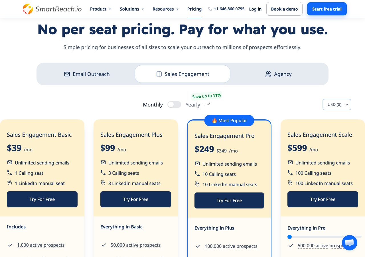 SmartReach pricing page on 13 October 2026 on the Sales Engagement tab with monthly billing, showing Basic at $39 a month, Plus at $99, Pro at $249 with $349 struck through and Scale at $599, each listing unlimited sending emails with calling and LinkedIn seats