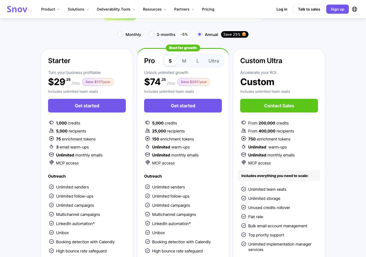 Snov.io pricing page on 22 October 2026 with Monthly, 3-months at 5% off and Annual at 25% off options, Annual selected, showing Starter at $29.25 a month with 1,000 credits, 5,000 recipients, 75 enrichment tokens and 3 email warm-ups, Pro S at $74.25 with 5,000 credits, 25,000 recipients and unlimited warm-ups, and Custom Ultra from 200,000 credits