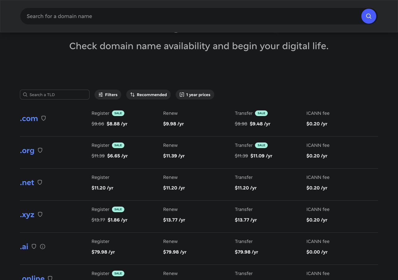 Spaceship domain registration price table on 9 October 2026 showing .com at $8.88 for the first year on sale from $9.66, renewing at $9.98 and transferring for $9.48, .org at $6.65 renewing at $11.39, .net at $11.20, .xyz at $1.86 renewing at $13.77 and .ai at $79.98, each with the ICANN fee listed