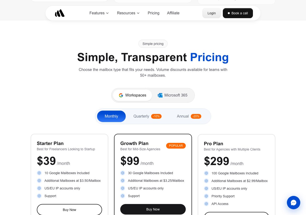 StackMail pricing section on 6 October 2026 showing the Starter plan at $39 a month for 10 Google mailboxes, Growth at $99 for 30 and Pro at $299 for 100, with monthly billing selected